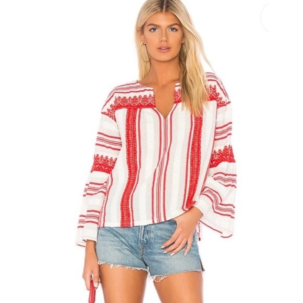 NWT Joie Selbea Stripe Boho Top Cherry Red Women XS Boho Embroidered Blouse